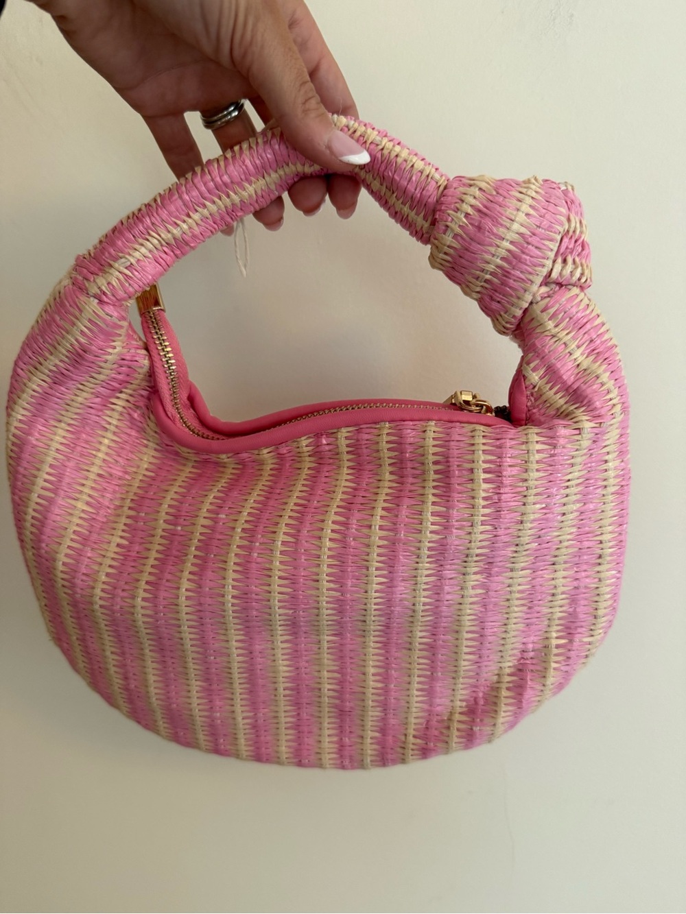 Melie Bianco Pink & Cream Woven Knot-Handle Mini Shoulder Bag